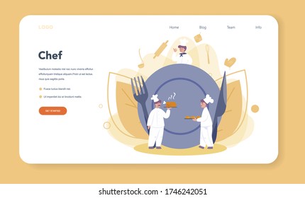 Restaurant chef cooking web banner or landing page. Collection of people in apron making tasty dish. Professional worker on the kitchen. Food maker. Isolated vector illustration in cartoon style