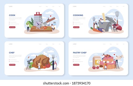 Restaurant chef cooking web banner or landing page set. Collection of people in apron making tasty dish. Professional worker on the kitchen. Food maker. Isolated vector illustration in cartoon style