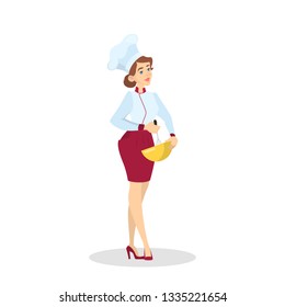 Restaurant chef cooking. Woman in apron making tasty dish. Professional worker on the kitchen. Isolated vector illustration in cartoon style