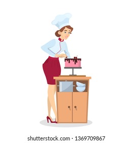 Restaurant chef cooking. Woman in apron making tasty cake. Professional worker on the kitchen. Isolated vector illustration in cartoon style