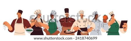 Restaurant chef cooks group. Kitchen workers at work, professional culinary team, community in hats and uniform. Catering staff cooking. Flat vector illustration isolated on white background