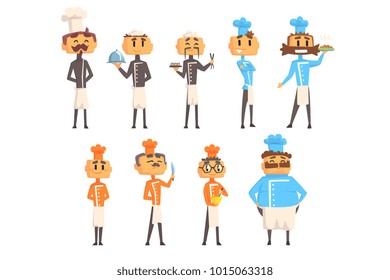 Restaurant Chef Cooks Set Of Man Cartoon Characters In Classic Double Breasted Jacket And Hat