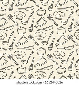 Chef del restaurante. Un patrón impecable dibujado a mano. Ilustración vectorial en estilo doodle