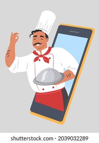 Restaurant chef with dish appeared from mobile phone, flat vector illustration. Online food order and delivery service. Fast home delivery.