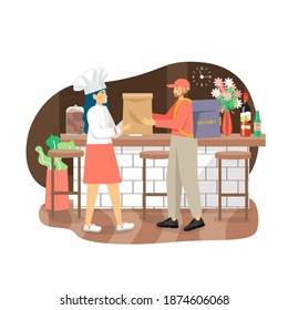 Restaurant chef female character giving bag with takeaway food to delivery man, flat vector illustration. Cafe online food order and delivery service.