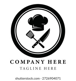 Restaurant chef hat and kitchen utensils logo template with crossed spatula and knife in circle cooking and food service branding