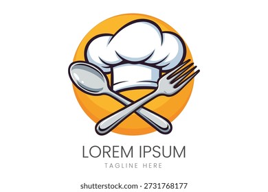 Logotipo del sombrero del chef del restaurante con el tenedor cruzado y la cuchara para los servicios culinarios Catering Comedor y comida Blog de la marca Logotipo del Vector Plantilla
