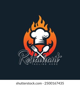 Restaurant chef hat with spoon and fork logo design template vector illustration idea with fire background