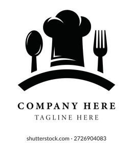 Plantilla del logotipo del sombrero y de los utensilios del chef del restaurante con el símbolo de la comida y de la bebida del texto de la compañía y del lema
