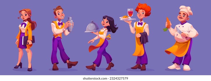 Restaurant chef with hat vector illustration set. Cook profession people with waiter and chief in cafe uniform isolated icon design. Hospitality female hotel manager and waitress with cloche meal