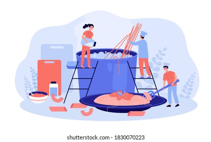 Restaurant chef and his team cooking pasta. Cooks placing spaghetti in hot water and preparing plate for serving dinner. For traditional Italian cuisine, food, catering, job concept