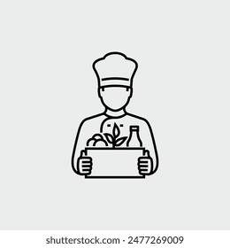 Caja de retención del chef del restaurante con el icono de la línea del Vector de los ingredientes de cocina de la comida