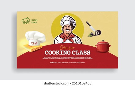 Restaurant chef job and cooking lesson horizontal web banner and cooking social media thumbnail template design chef illustration