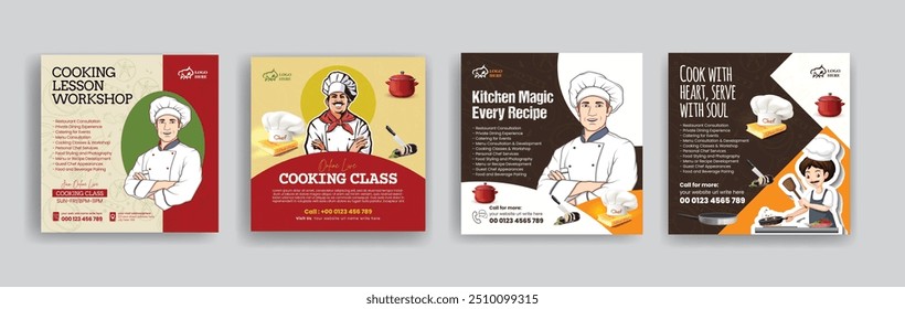 Restaurant chef job hiring, culinary training center and online cooking school class social media posts banner set, ads template or square flyer with chef flat illustration bundle design