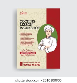 Contratación de trabajo de chef de restaurante, menú de alimentos flyer de impresión editable o póster y clase de cocina de chef flyer de Vertical Plantilla con ilustración de personaje de chef