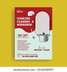 Restaurant chef job hiring, food menu editable print flyer or poster and chef cooking class vertical flyer template with chef character illustration