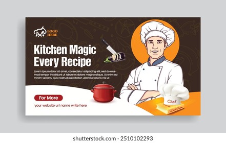 Restaurant chef job hiring horizontal web banner and cooking social media thumbnail template design with chef vector illustration