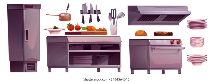 Restaurante chef cocina interior para cocinar la comida. Profesional comercial equipo de cocina aislado conjunto de dibujos animados. Preparación de catering con mostrador, nevera y estufa. Cena de negocios en el café