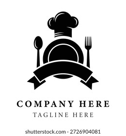 Logotipo del chef del restaurante con el tenedor y el Anuncio de la cuchara del plato para el símbolo de la comida y de la bebida del nombre de la compañía y del lema