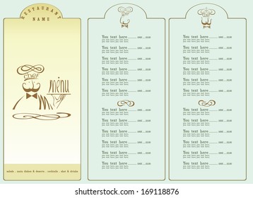  Restaurant chef menu on blue  background. Picture contains the images of  chef , places for text and price.