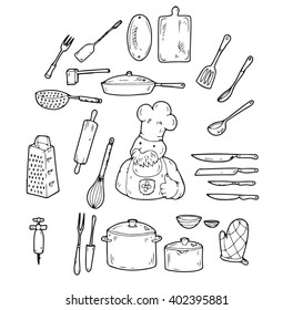 Restaurant chef on courses on cooking shows his skills, using numerous kitchen utensils