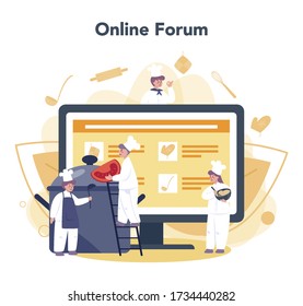 Restaurant chef online service or platform. People in apron making tasty dish. Professional worker on the kitchen. Online forum. Vector illustration