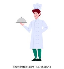 Restaurant chef profession. Person in apron with a tasty dish. Professional worker on the kitchen. Isolated vector illustration in cartoon style