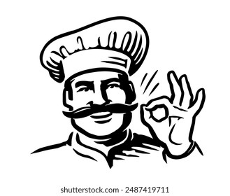 Chef del restaurante mostrando signo ok. Cocinero francés con emblema de bigote. Ilustración vectorial dibujada a mano en blanco y negro