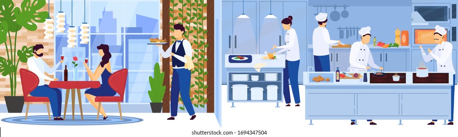 Restaurant chef team cooking in kitchen, waiter serves people on romantic date vector illustration. Man and woman couple celebrate anniversary in luxury restaurant. Professional cook cartoon character