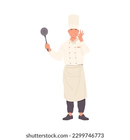 Restaurante chef con uniforme de pie con skimmer de cocina gesto delicioso cartel aislado en blanco
