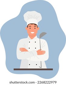 Ein Küchenchef in weißer Uniform bereitet Speisen in der Küche zu. Ein professioneller Koch bereitet sich in der Küche vor. Internationales Kochtag-Poster-Design-Illustration, Kochtagsfeier. 