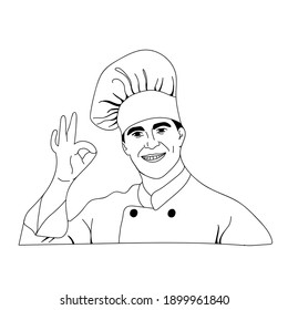 
Chef del restaurante, chef con uniforme de trabajo muestra gestos de dedo - deliciosa ilustración vectorial en estilo doodle, dibujo a mano.