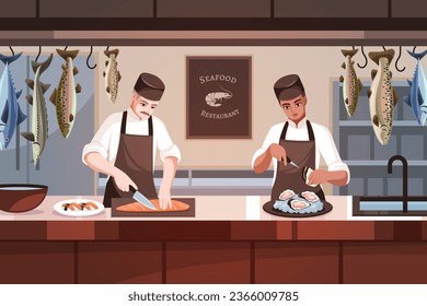 Restaurant chefs cook food. Professional kitchen workers in uniform cut up fish, open oysters, seafood counter, natural products. Sea delicacies preparing, cartoon flat tidy vector concept