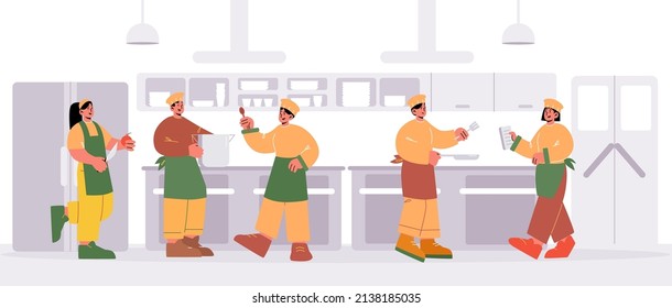 Restaurant Chefs Cooking On Kitchen. Cafe Staff Characters Team Wear Toques And Uniform Work Together In Cafeteria, Hospitality Service Profession Men And Women Line Art People Vector Illustration