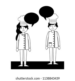 restaurant chefs couple with speech bubbles