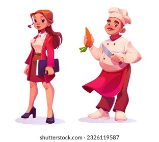 Restaurant chief and manager people worker vector set. Cook food service employee character illustration with man and woman. Cafe hostess team icon design for commercial culinary or catering business