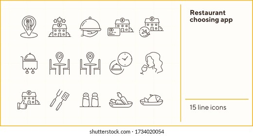 Restaurant choosing app line icon set. Award stars, vegan menu, seafood credit card isolated outline sign pack. Restaurant business concept. Vector illustration symbol elements for web design.