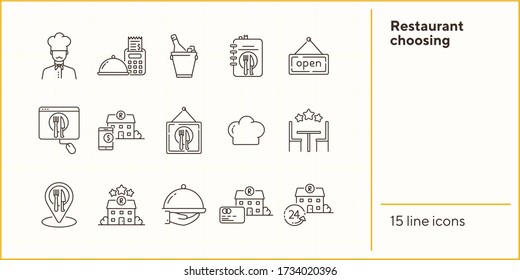 Restaurant choosing line icon set. Award stars, location pointer, always open isolated outline sign pack. Restaurant business concept. Vector illustration symbol elements for web design