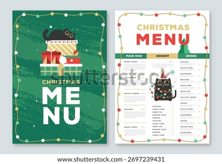 Restaurant Christmas holiday flat menu design with funny cats on emerald green background. Vector illustration