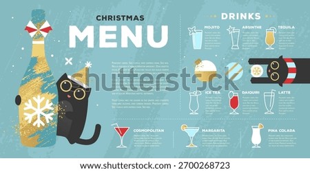 Restaurant Christmas holiday flat menu design with funny cats on blue background. Vector illustration