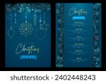 Restaurant Christmas holiday menu design with christmas floral garland on blue background. Vector illustration