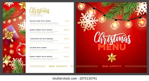 Restaurant Christmas holiday menu design with christmas desoration. Vector illustration