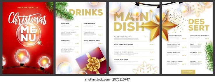 Restaurant Christmas holiday menu design with christmas desoration. Vector illustration