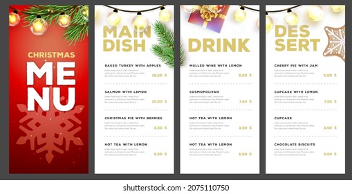 Restaurant Christmas holiday menu design with christmas desoration. Vector illustration