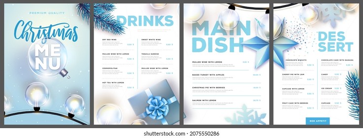 Restaurant Christmas holiday menu design with christmas desoration. Vector illustration