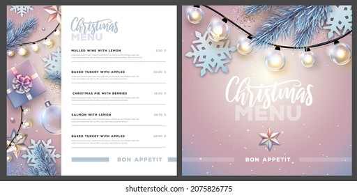 Restaurant Christmas holiday menu design with christmas desoration. Vector illustration