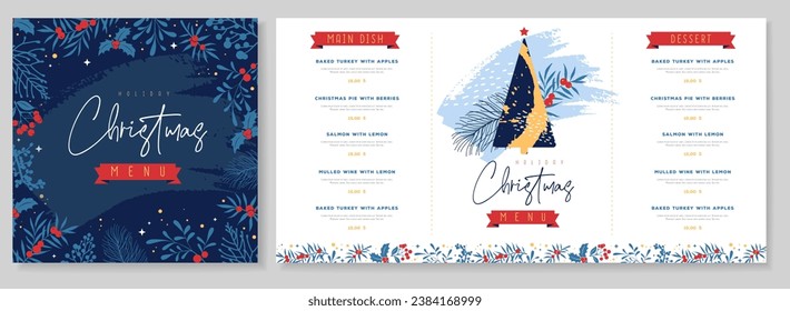 Restaurant Christmas holiday menu design with christmas floral  desoration. Vector illustration