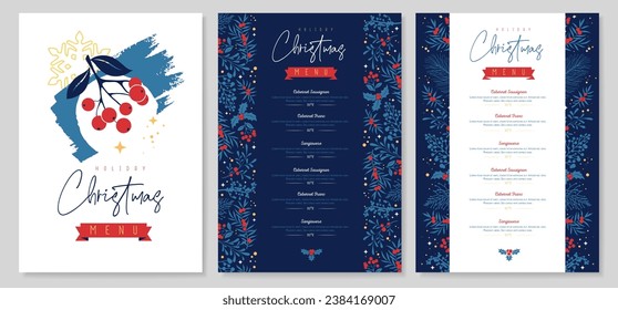 Restaurant Christmas holiday menu design with christmas floral  desoration. Vector illustration