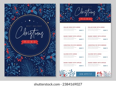 Restaurant Christmas holiday menu design with christmas floral  desoration. Vector illustration