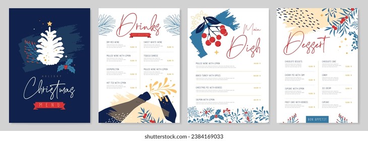 Restaurant Christmas holiday menu design with christmas floral desoration. Vector illustration